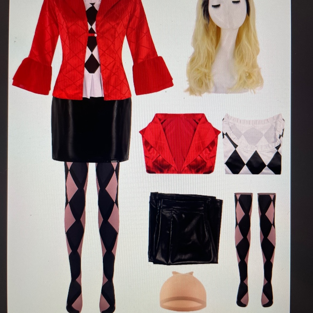NWT Adult Harlequin Red and Black Costume for Clown Lady Suit w/Blonde Wig Med